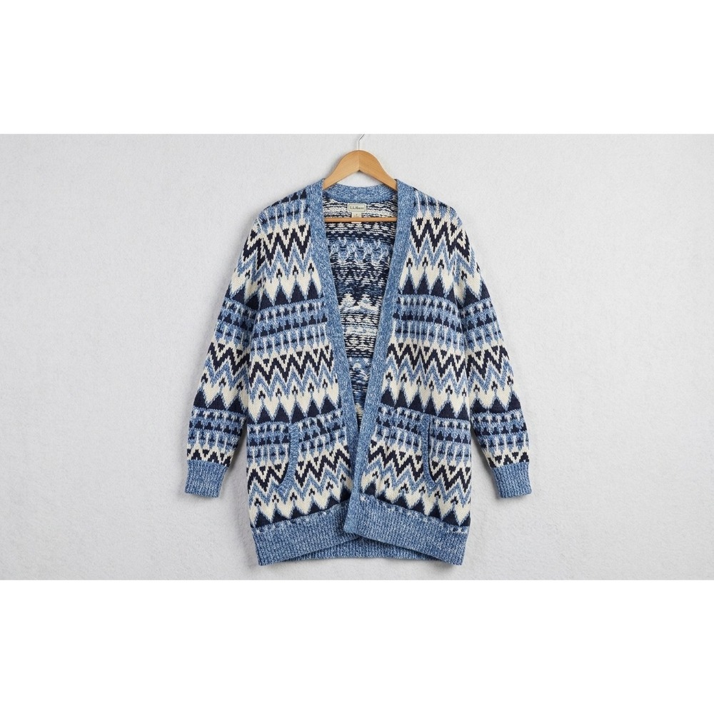 L.L. Bean Fair Isle Cardigan 1X Cotton Ragg Open Front Gorpcore Heavy Warm